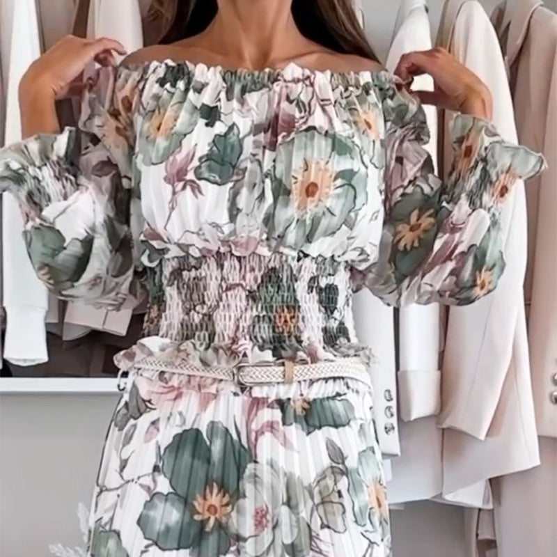 🌸 Gėlėta viršutinė dalis atvirais pečiais ir dviejų dalių komplektas su maxi sijonu-LT