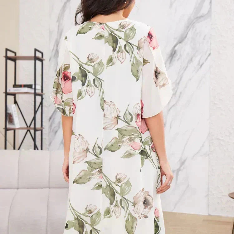 KARŠTA 50% 👗 Raudona žiedlapių spalvos žėrinti šifono suknelė-LT