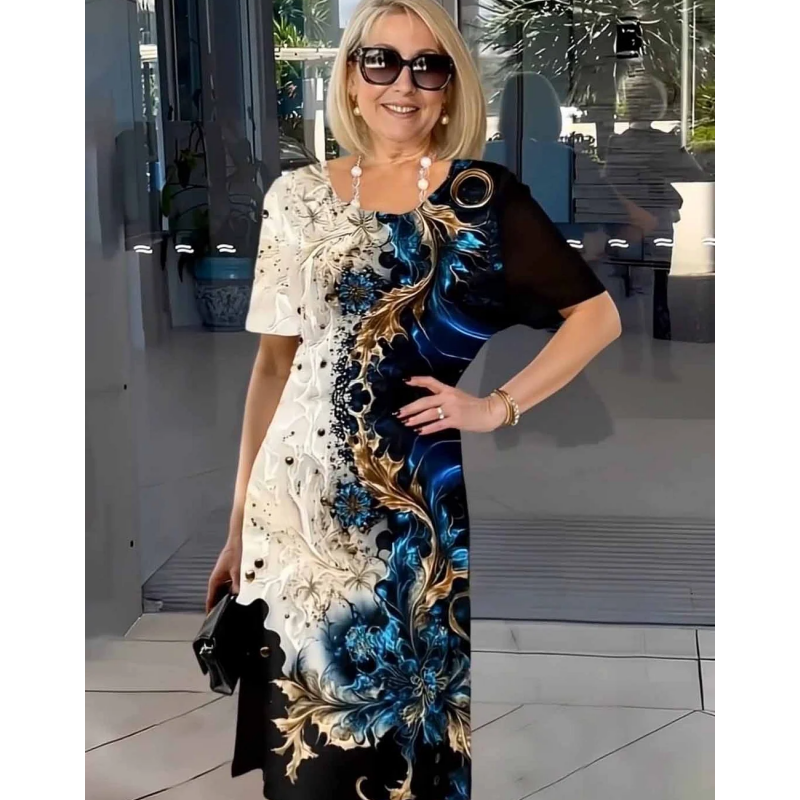 👗 Γυναικείο καλοκαιρινό φόρεμα με φλοράλ print και στρογγυλή λαιμόκοψη, σε γραμμή Α, κοντά μανίκια-GR