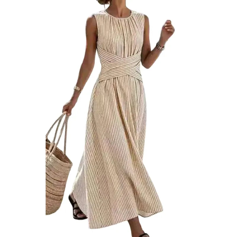 👗ČASOVNO OMEJENA 50 % POPUSTA! Ženska črtasta maksi obleka brez rokavov s poudarkom v pasu-SI