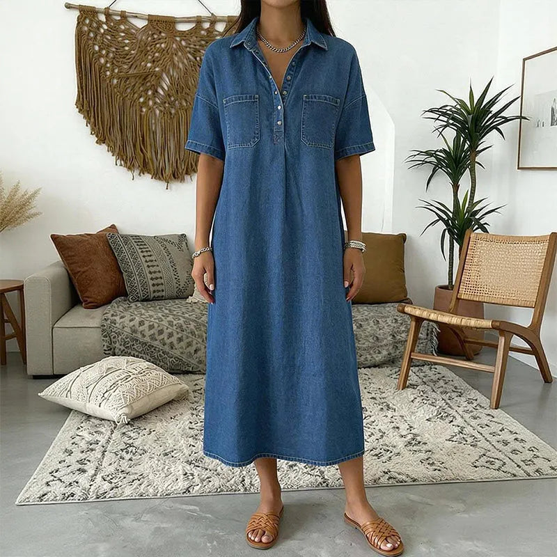 👗 ZDAJ 60 % POPUSTA! 👖 Sproščena jeans midi srajčna obleka z žepi – Mehek jeans in sproščen kroj – Funkcionalni žepi, popolna za vsakdanjo uporabo – udobna in vsestranska ✨🌸-SI