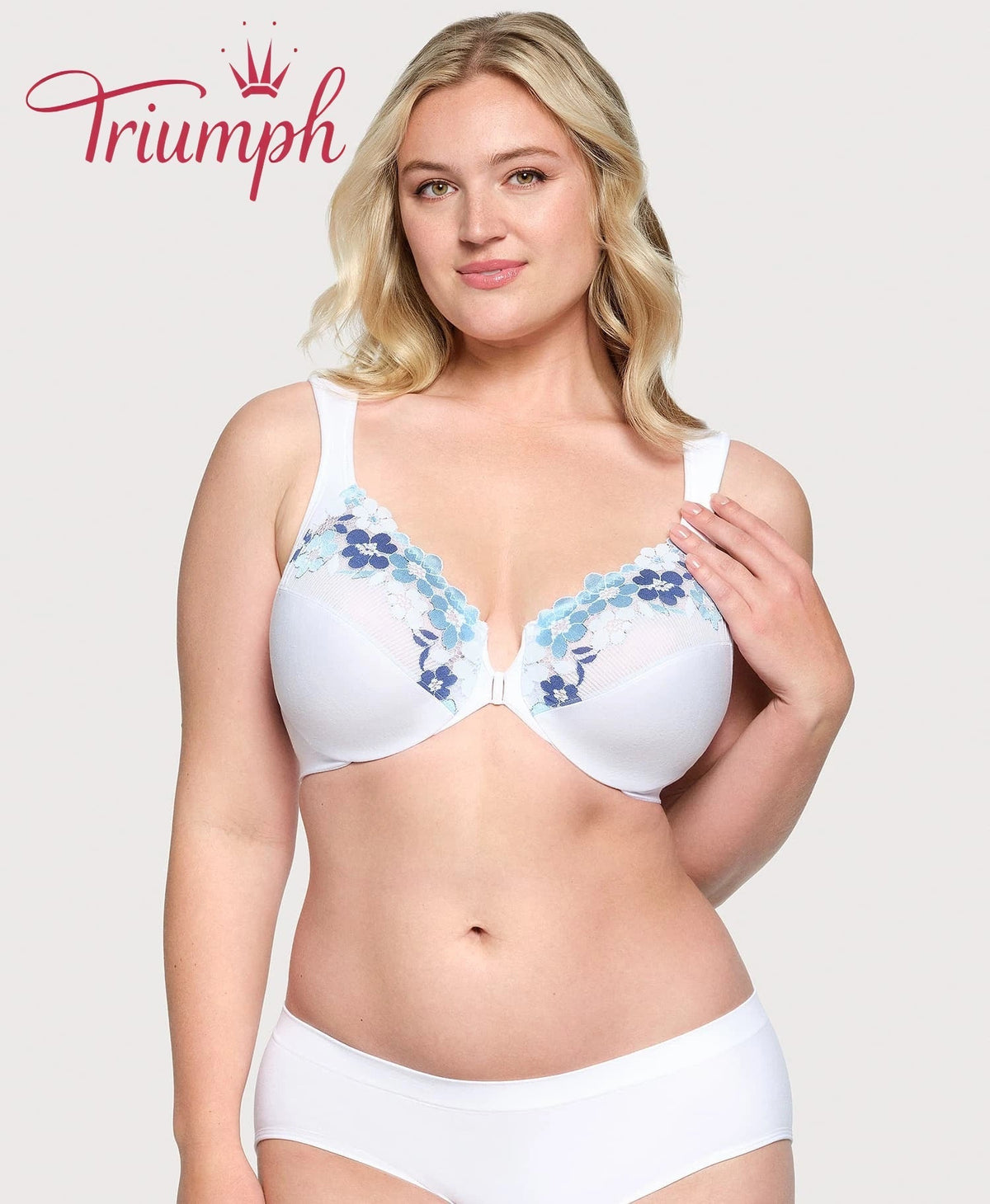 Triumph - (3 kosi) bombažni modrček z vezeno čipko, zapenjanje spredaj-SI
