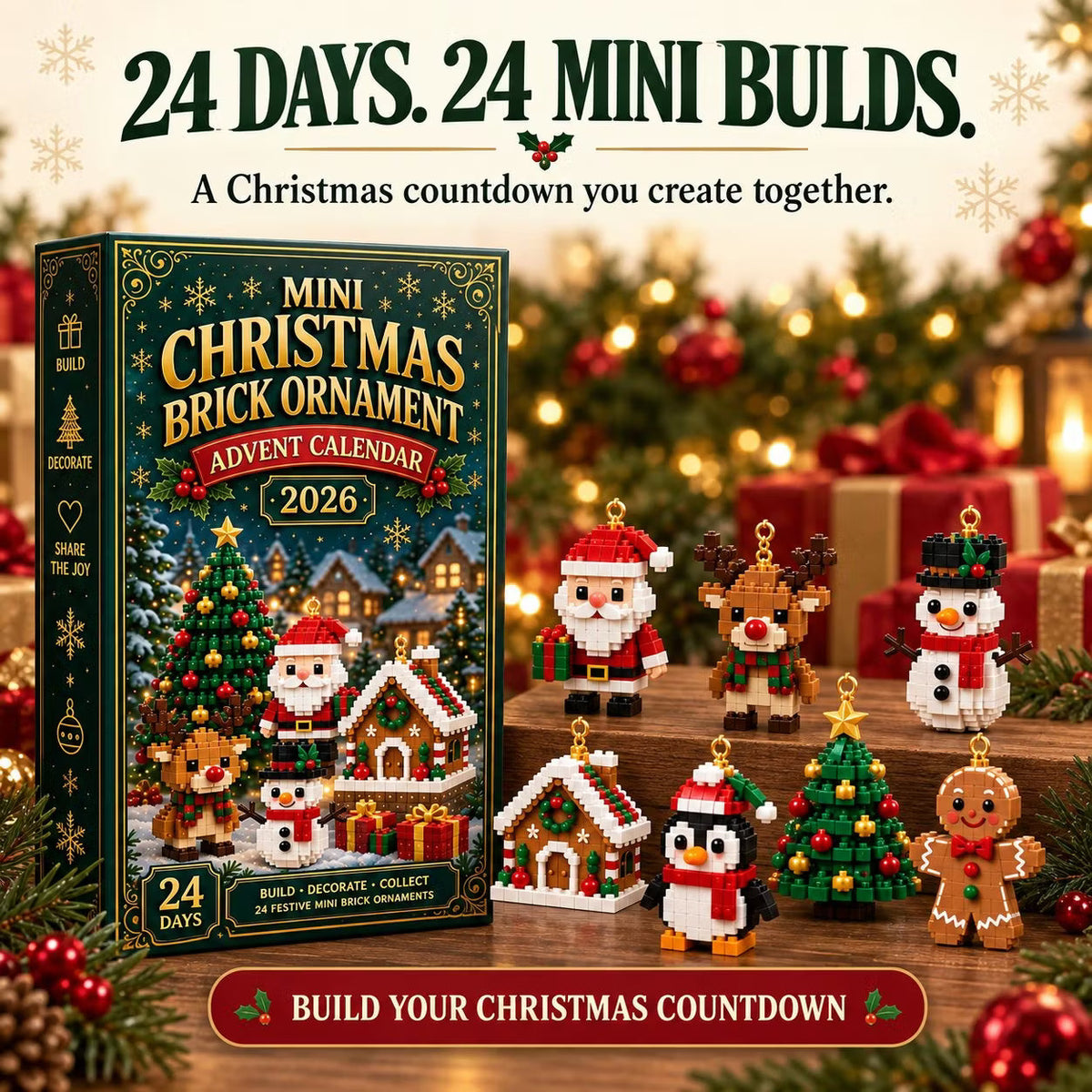 🎄 24-dnevni mini adventni koledar z božičnimi okraski | 24 edinstvenih, prazničnih, sestavljivih dizajnov z zankami za obešanje - idealnih za okraševanje božičnih drevesc, vencev in prazničnih okraskov 🧱-SI