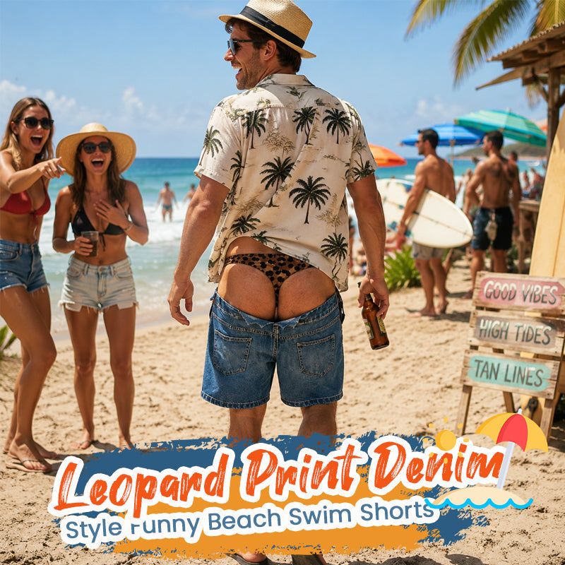 Smešne kopalke iz umetnega kavbojskega materiala z leopardjim potiskom | Plažne hlače Novelty Illusion-SI