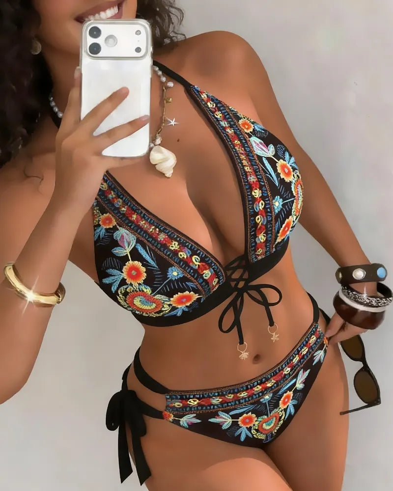 Ženski bikini komplet z etničnim cvetličnim potiskom-SI
