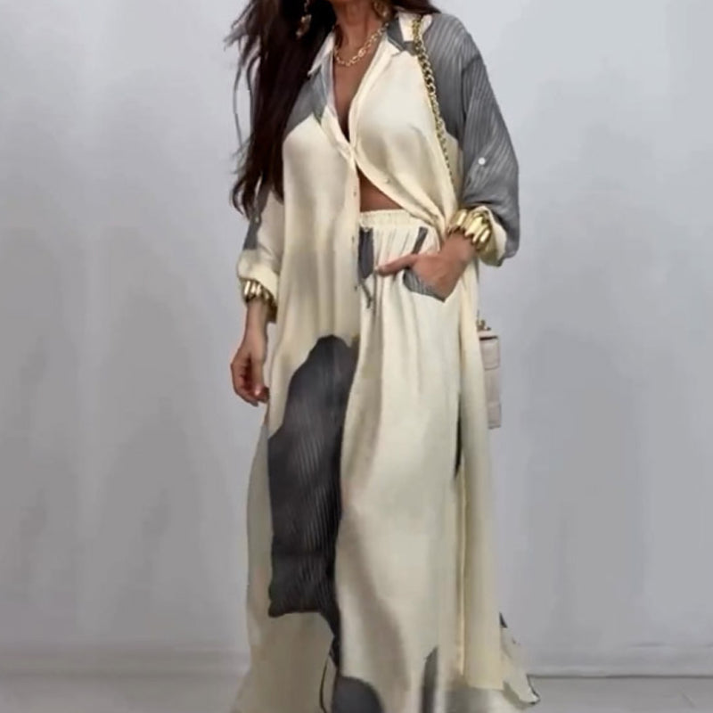 🌼Ilgi marškiniai su susuktomis sagomis ir raišteliu kelnių komplektas-LT