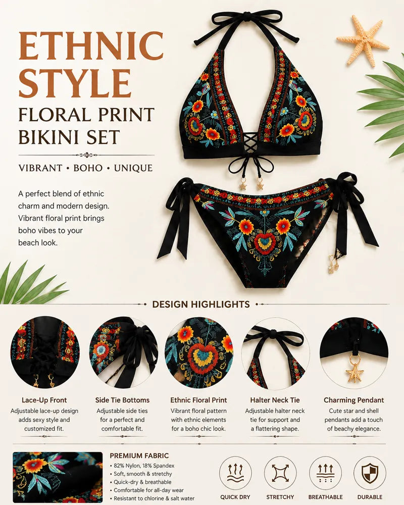 Ženski bikini komplet z etničnim cvetličnim potiskom-SI