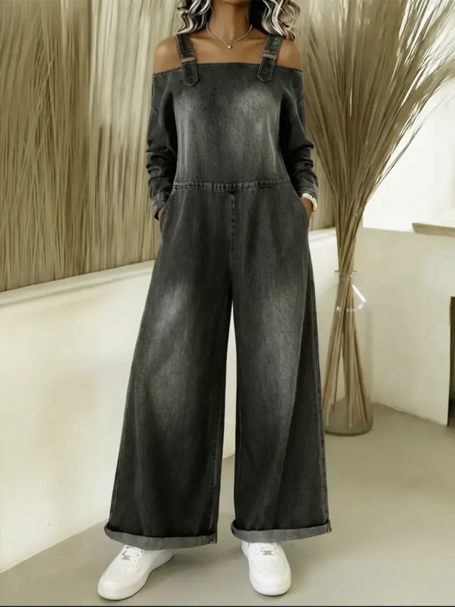 Modni ženski jeans kombinezon z golimi rameni-SI
