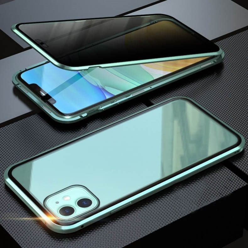 Magnetinis „iPhone“ dėklas su neatspindinčiu stiklu ir metalu-LT