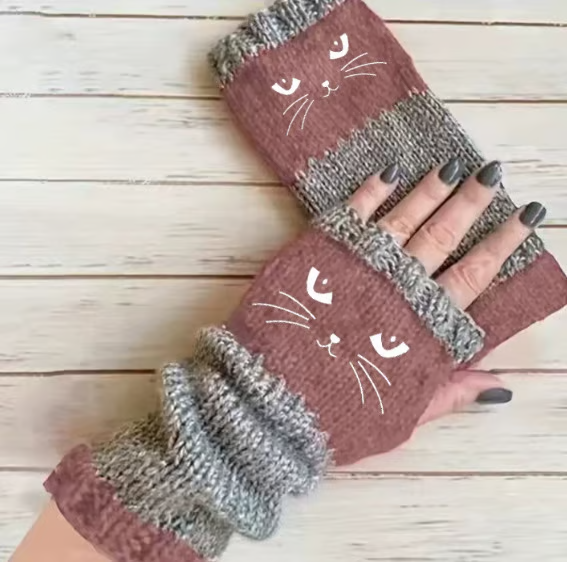 🐱 Prikupne ženske pletene rokavice z mačjim motivom🧤🧶-SI