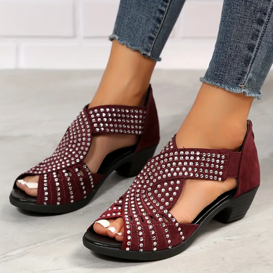 【36-43】🔥2025 Hot Sale💎 Κρυστάλλινα γυναικεία δερμάτινα σανδάλια για την άνοιξη και το καλοκαίρι με σταυρό σε στιβαρό τακούνι-GR