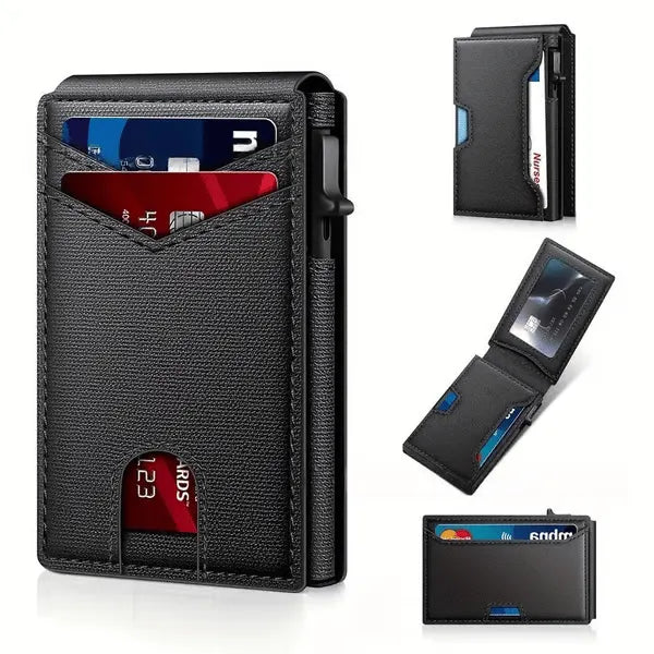 ⚡PRODANO ZA 70.000+! - Moška denarnica - z izskočnim aluminijastim ohišjem, tankim usnjenim etuijem, reže za kreditne kartice, RFID blokado, minimalistično dvojno denarnico-SI