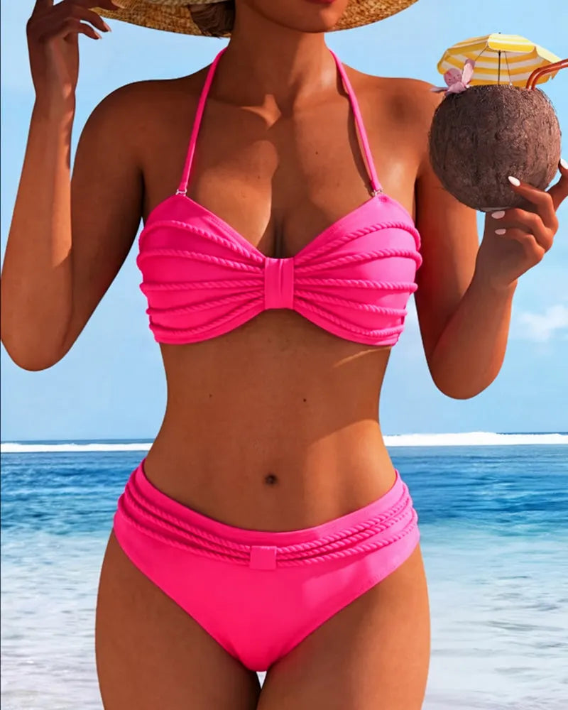 Enobarvne črtaste kopalke z razcepljenim bikinijem-SI