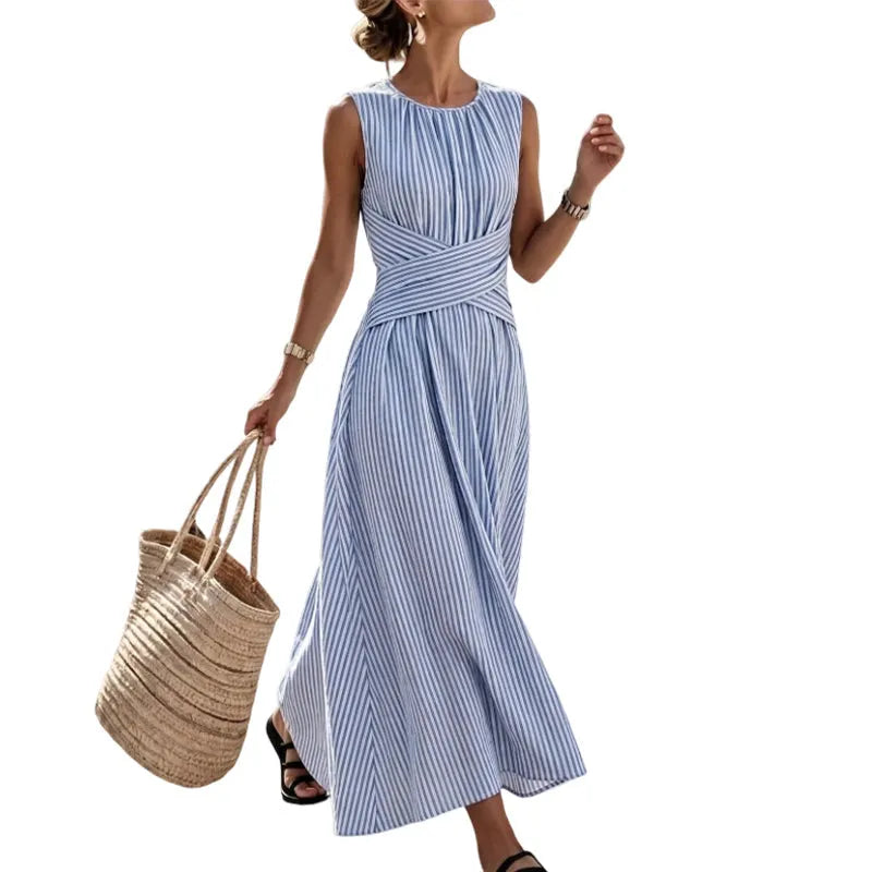 👗ČASOVNO OMEJENA 50 % POPUSTA! Ženska črtasta maksi obleka brez rokavov s poudarkom v pasu-SI