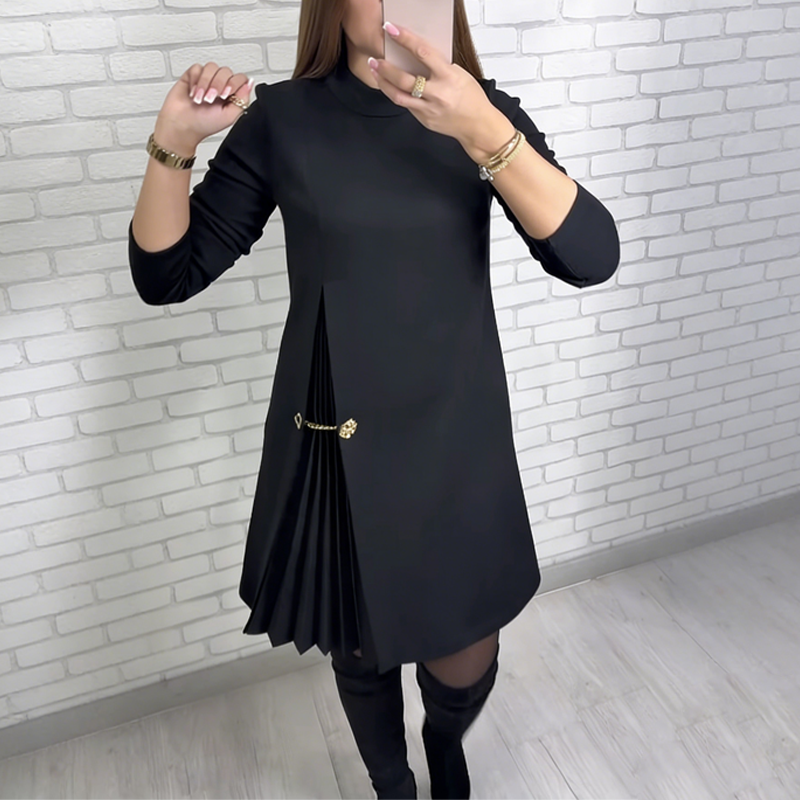Elegantna obleka z dolgimi rokavi in nagubanimi paneli-SI