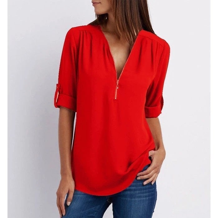 💟 Φαρδιά μπλούζα plus size με μανίκια 3/4 και φερμουάρ-GR