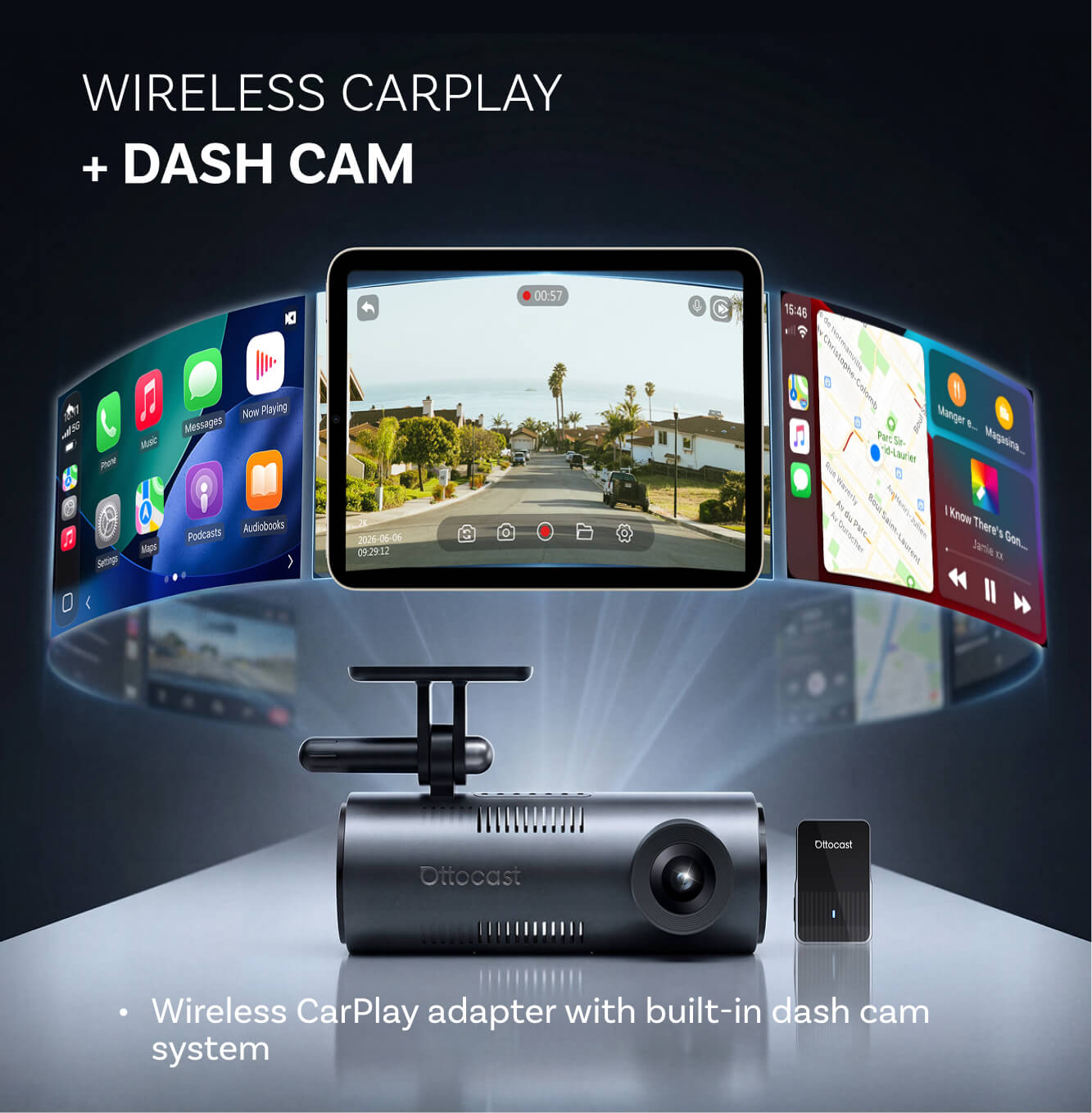 OttoSafe Cam 3-v-1 dvojna kamera za armaturno ploščo in brezžični adapter CarPlay-SI