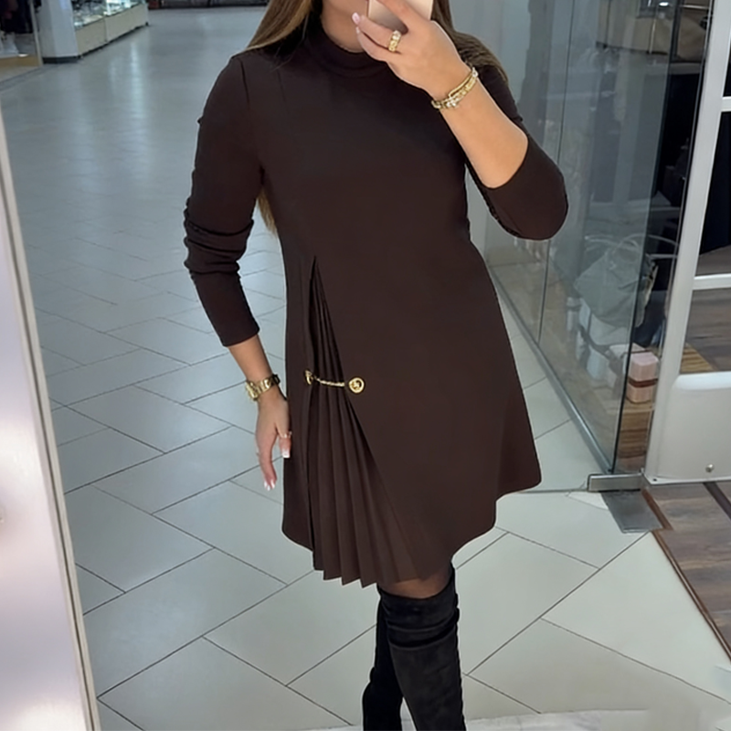 Elegantna obleka z dolgimi rokavi in nagubanimi paneli-SI