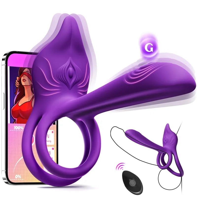 Vibruojantis varpos žiedas poroms - MOOLIGIRL dvigubas varpos žiedo vibratorius su lapės formos klitorio stimuliatoriumi ir 11,5 cm G taško vibratoriumi-LT