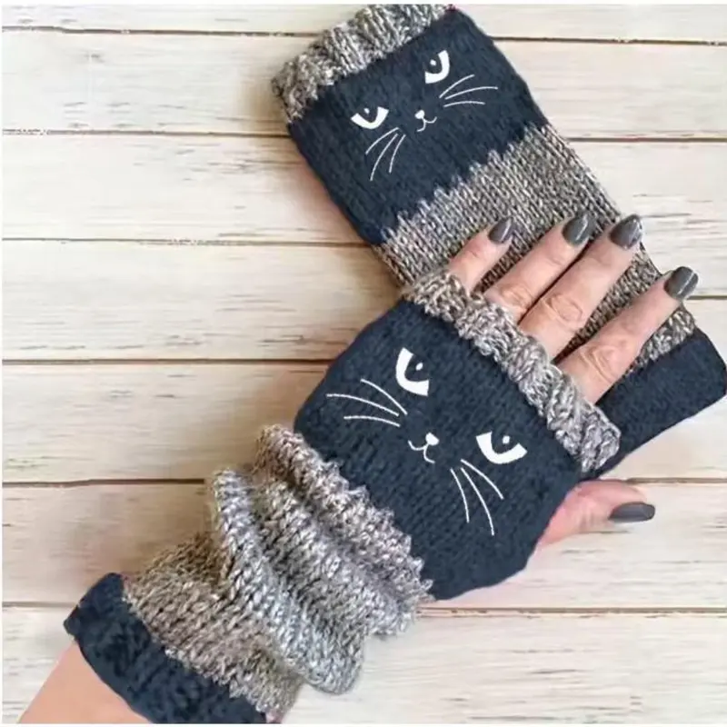 🐱 Prikupne ženske pletene rokavice z mačjim motivom🧤🧶-SI