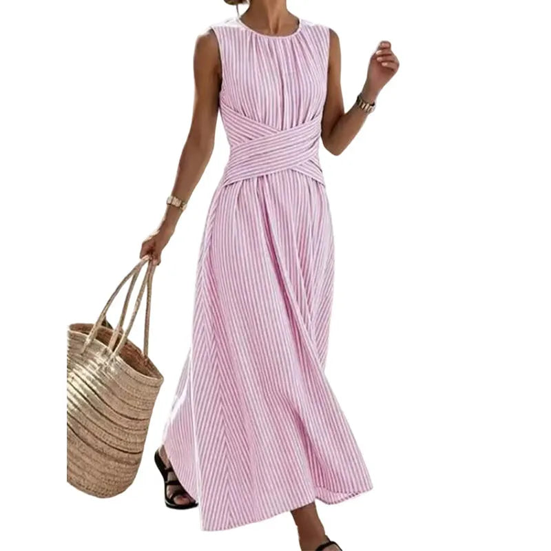 👗ČASOVNO OMEJENA 50 % POPUSTA! Ženska črtasta maksi obleka brez rokavov s poudarkom v pasu-SI