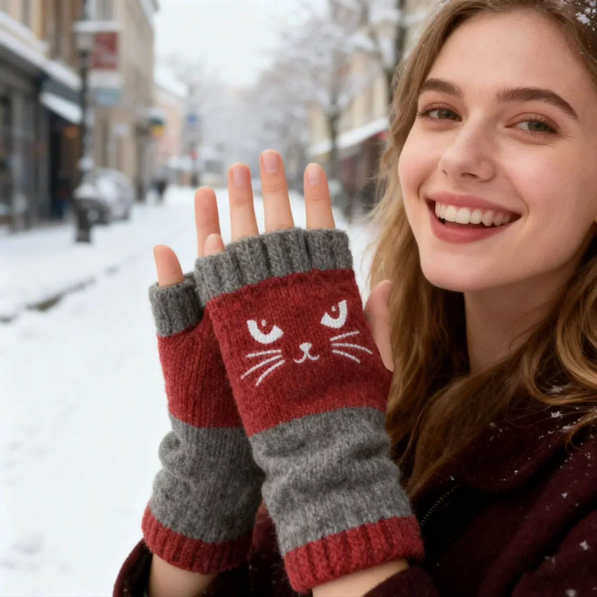 🐱 Prikupne ženske pletene rokavice z mačjim motivom🧤🧶-SI
