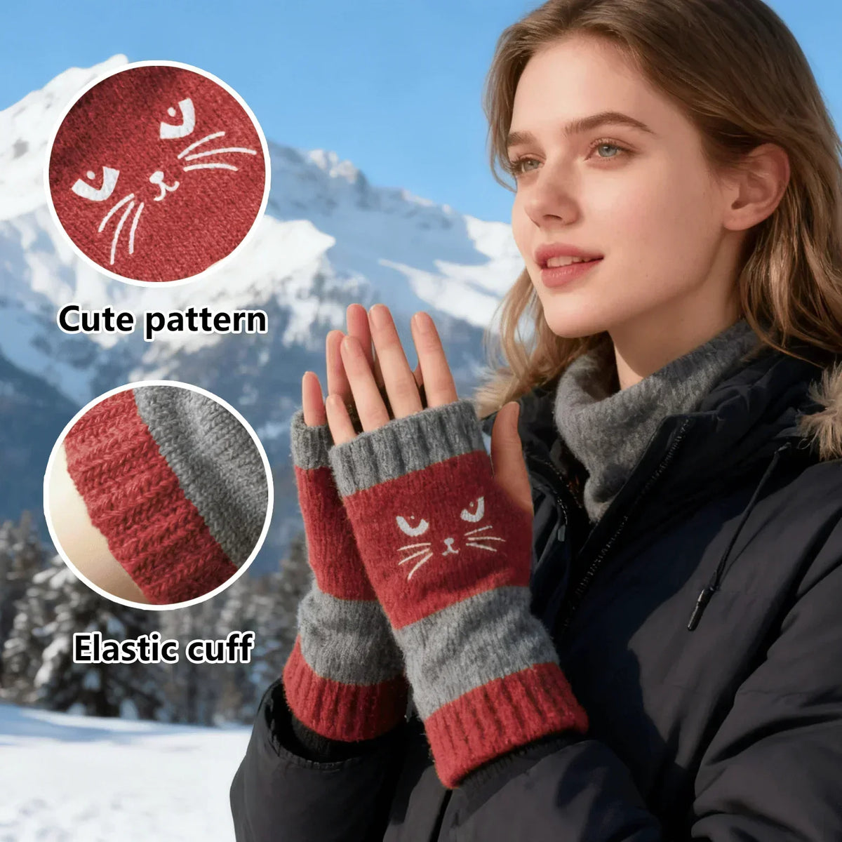 🐱 Prikupne ženske pletene rokavice z mačjim motivom🧤🧶-SI