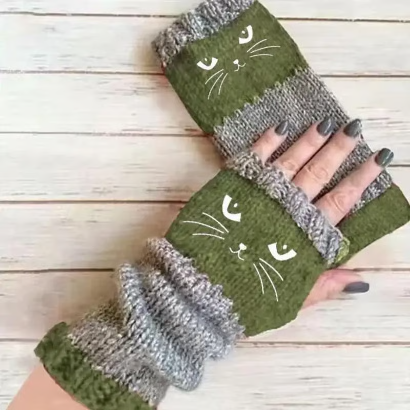 🐱 Prikupne ženske pletene rokavice z mačjim motivom🧤🧶-SI