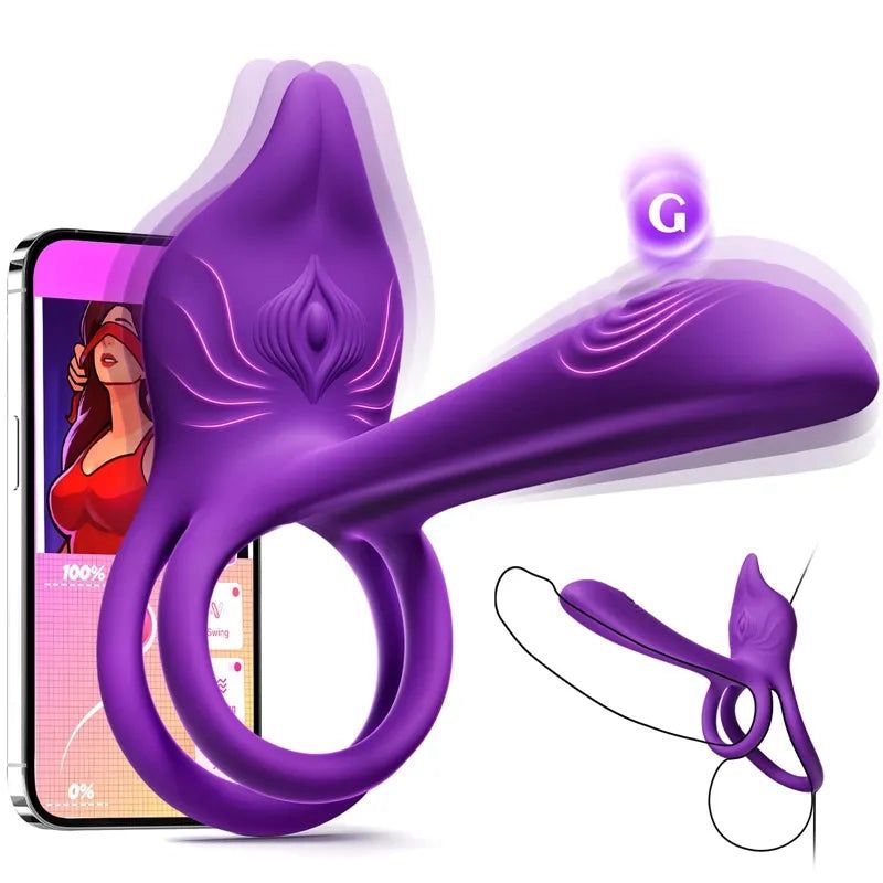Vibruojantis varpos žiedas poroms - MOOLIGIRL dvigubas varpos žiedo vibratorius su lapės formos klitorio stimuliatoriumi ir 11,5 cm G taško vibratoriumi-LT