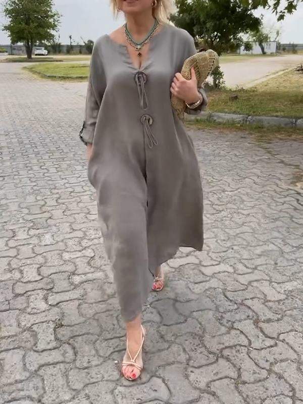 🎁👗Medvilnės ir lino suknelė V formos iškirpte-LT
