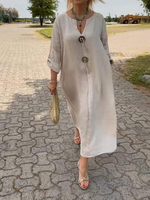 🎁👗Medvilnės ir lino suknelė V formos iškirpte-LT