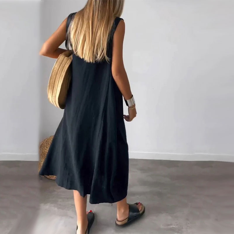 Φόρεμα από λινό, βαμβακερό, αμάνικο με τσέπες-GR