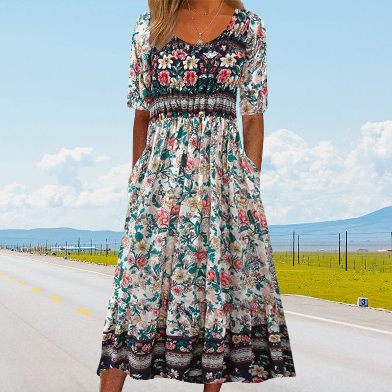 🌸 Elegantna ženska obleka z boho potiskom-SI