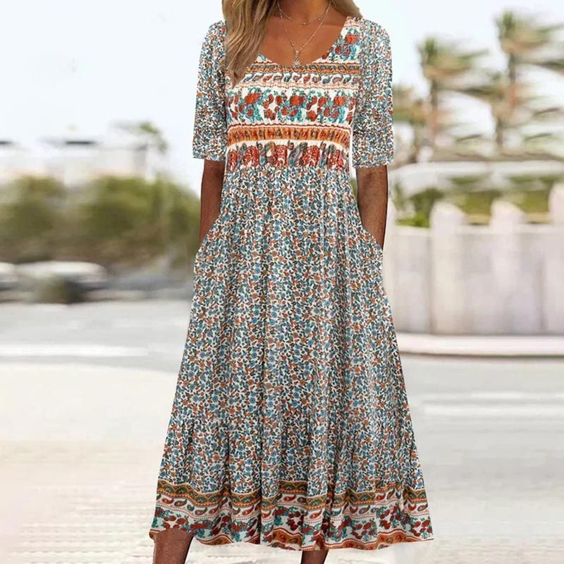 🌸 Elegantna ženska obleka z boho potiskom-SI