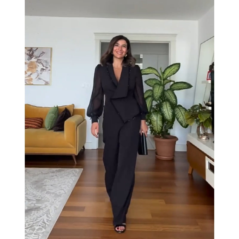 Conjunto de pantalón y pantalón de malla de pierna ancha para mujer-ES