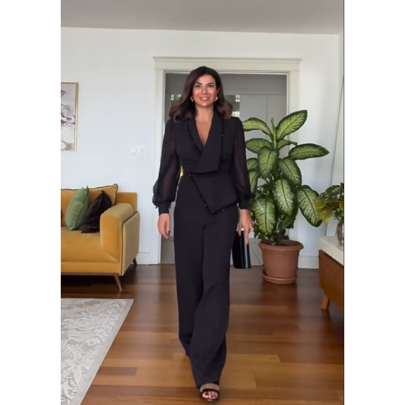Conjunto de pantalón y pantalón de malla de pierna ancha para mujer-ES