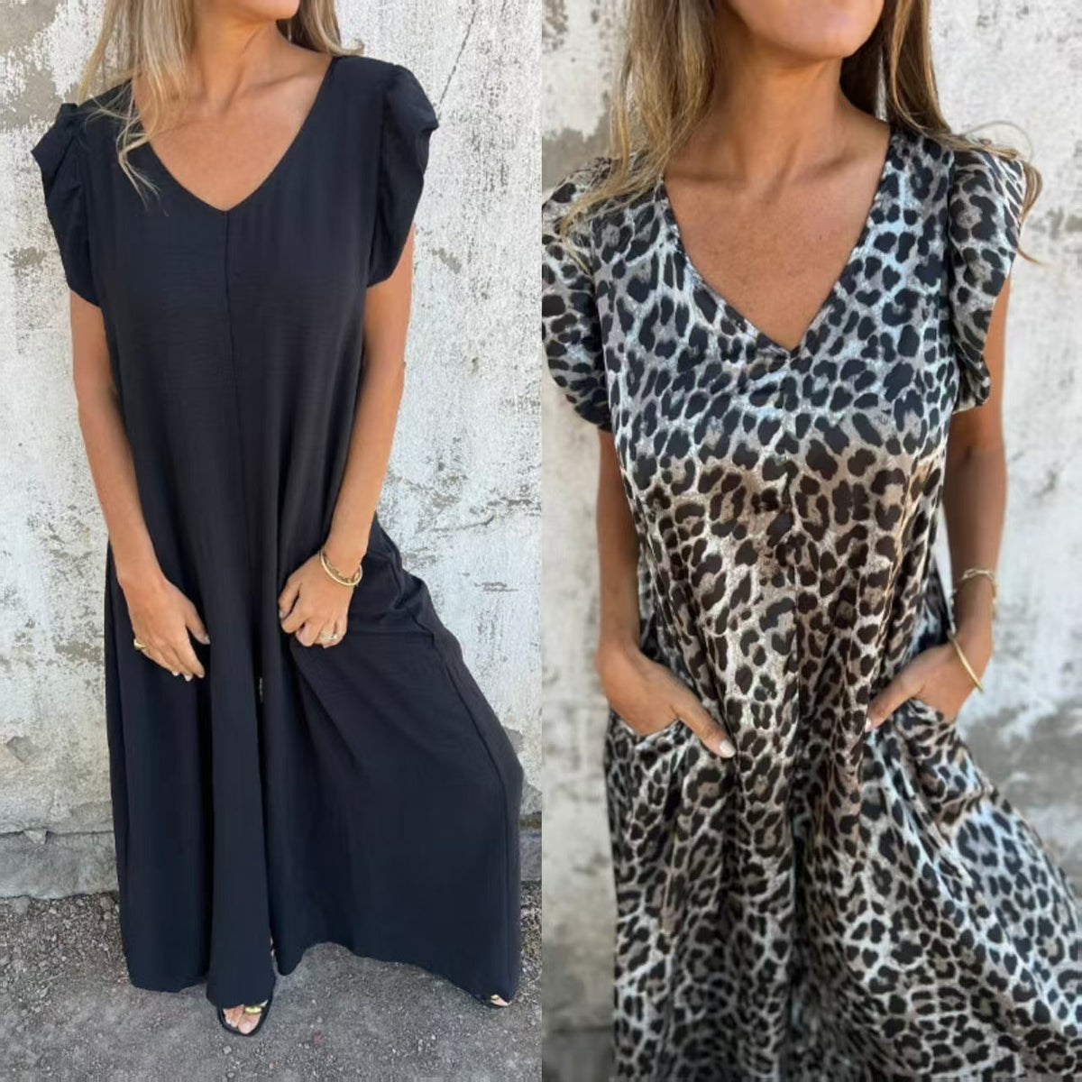 ✨ Nauja 2025 m. moteriška suknelė V formos iškirpte su leopardo raštais-LT