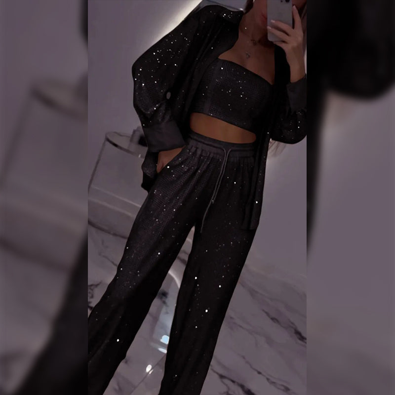 Πανέμορφο blazer, άνετη φόδρα και φαρδύ παντελόνι (σετ 3 τεμαχίων)-GR