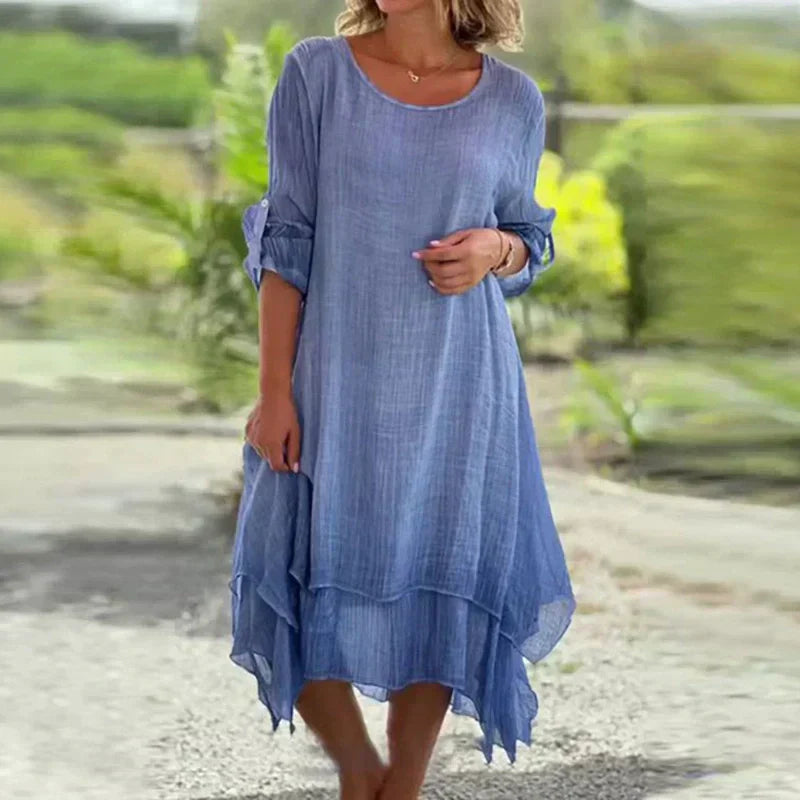 💕Moteriška elegantiška vienspalvė suknelė apvaliu kaklu-LT
