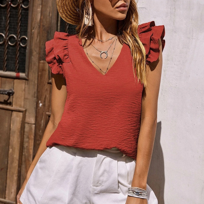 【S-2XL】👚Elastingas, be rankovių raukinys V formos iškirpte-LT