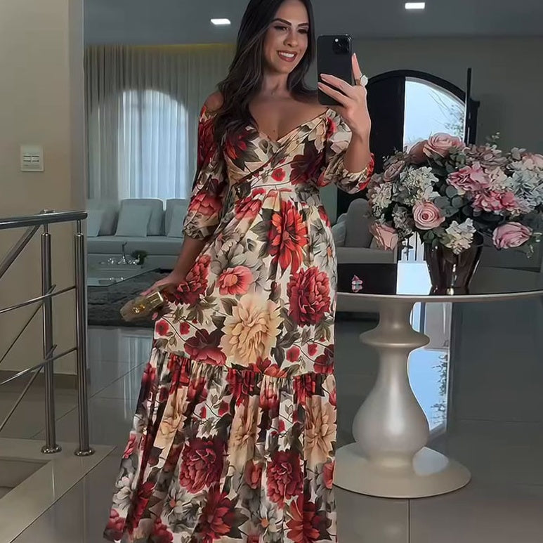 💃Moteriškos suknelės su klostuotu V formos iškirpte gėlėmis-LT
