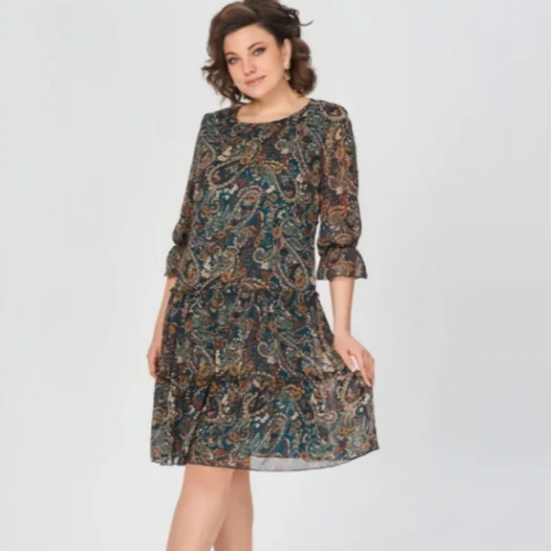 💐Γυναικείο Casual Φόρεμα με Στρογγυλή Λαιμόκοψη και Στάμπα-GR