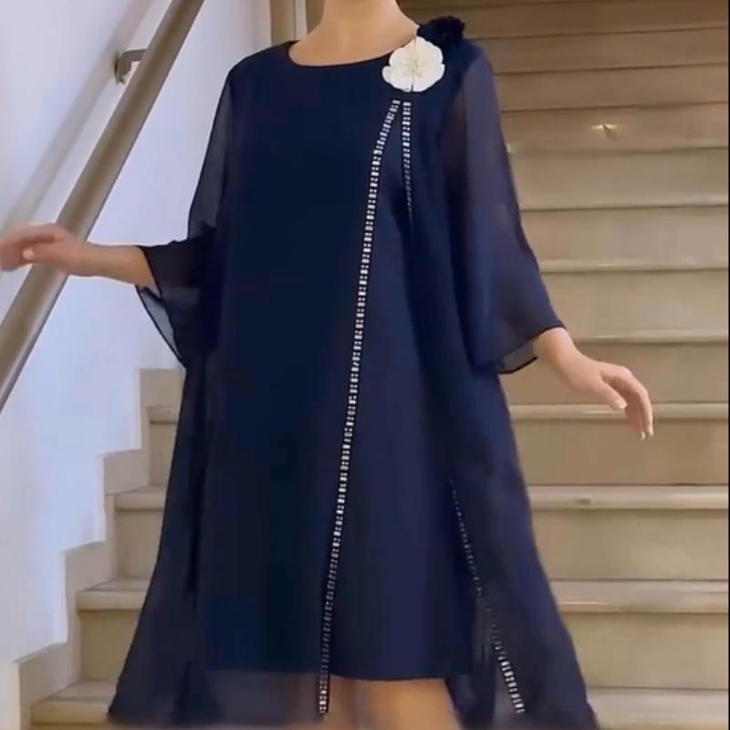 🌸✨【S-4XL】Moteriška tinklinė suknelė apvaliu kaklu su gėlių akcentu-LT