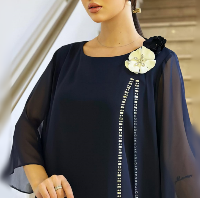 🌸✨【S-4XL】Ženska mrežasta obleka z okroglim izrezom in cvetličnim poudarkom-SI