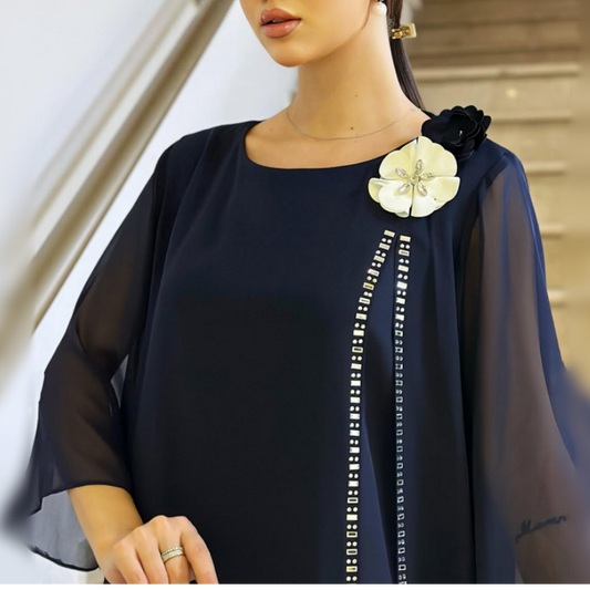 🌸✨【S-4XL】Ženska mrežasta obleka z okroglim izrezom in cvetličnim poudarkom-SI