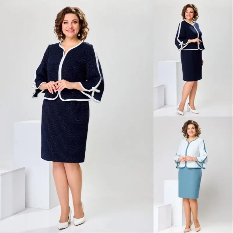 Elegantiška palaidinė su kaspinu ir sijonu su skeltuku gale-LT