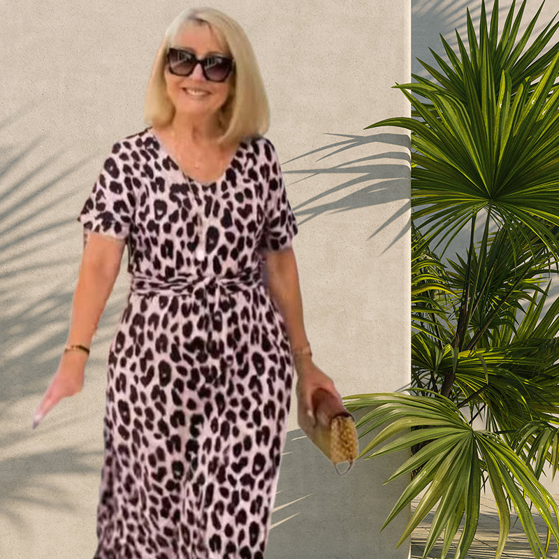 💃Leopardo rašto suknelė su V formos iškirpte-LT