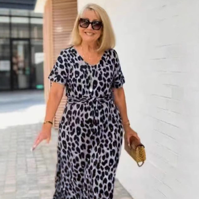 💃Leopardo rašto suknelė su V formos iškirpte-LT
