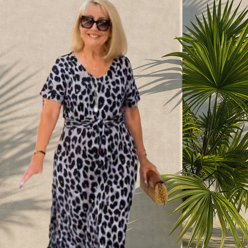 💃Leopardo rašto suknelė su V formos iškirpte-LT
