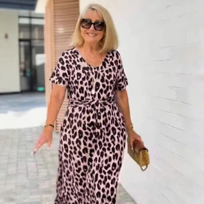 💃Leopardo rašto suknelė su V formos iškirpte-LT